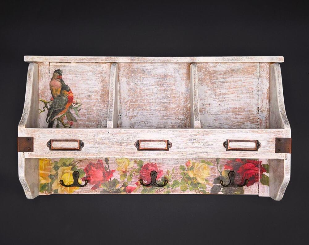 Upcycled Shabby Chic Wall Shelf w/ Hooks Distressed Cottagecore Bird Rose Decor